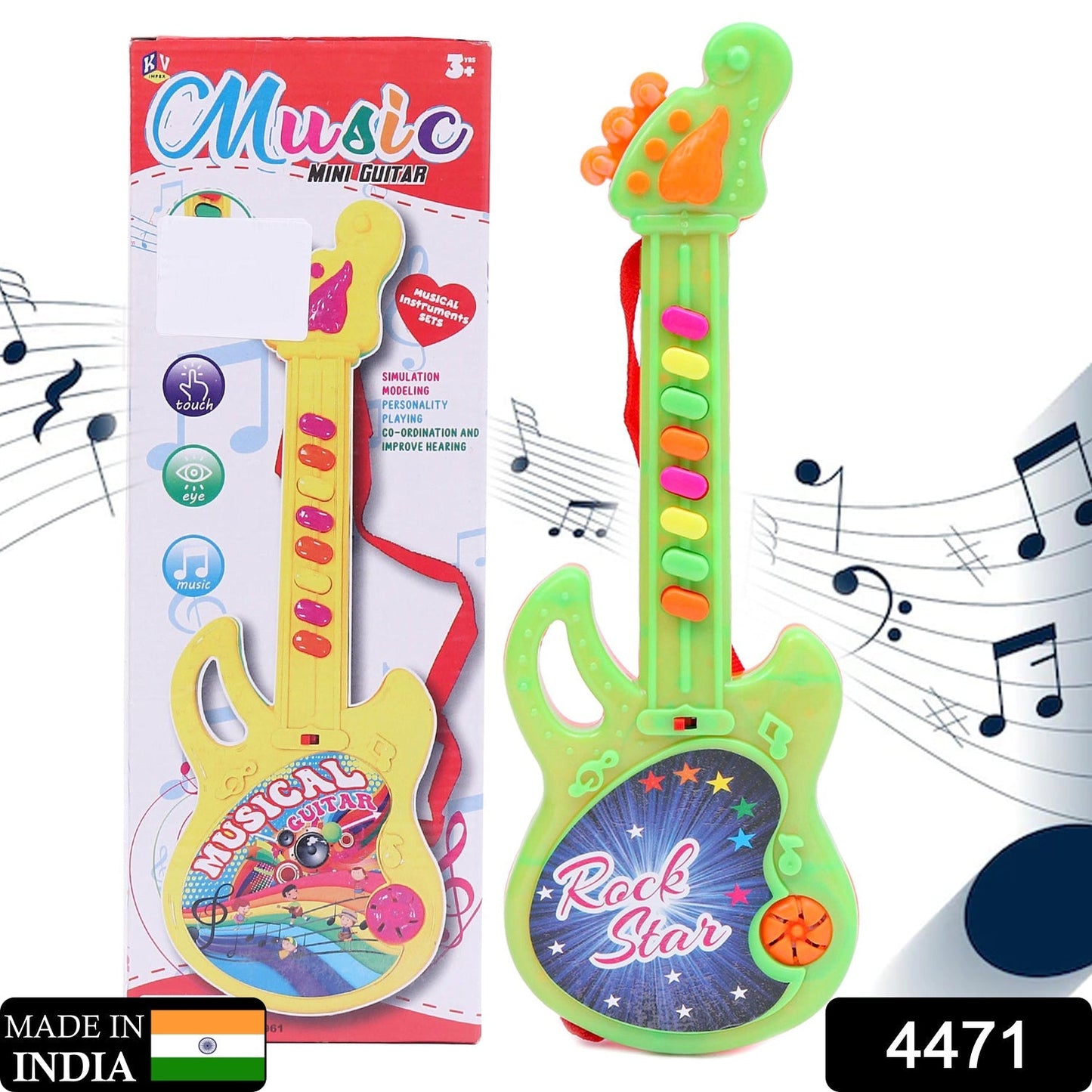 Mini guitar with bright colors, features delightful music