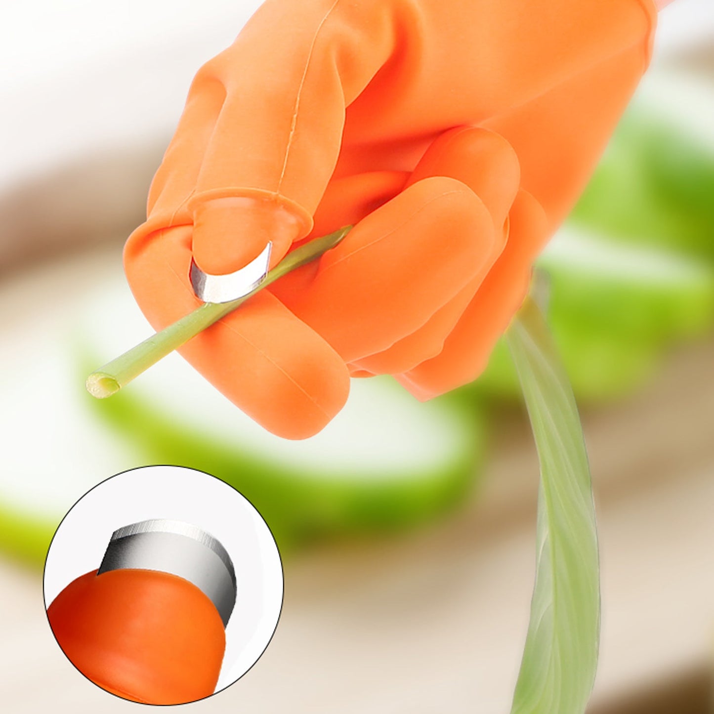 Right-handed garden gloves with silicone thumb knife for vegetable cutting.