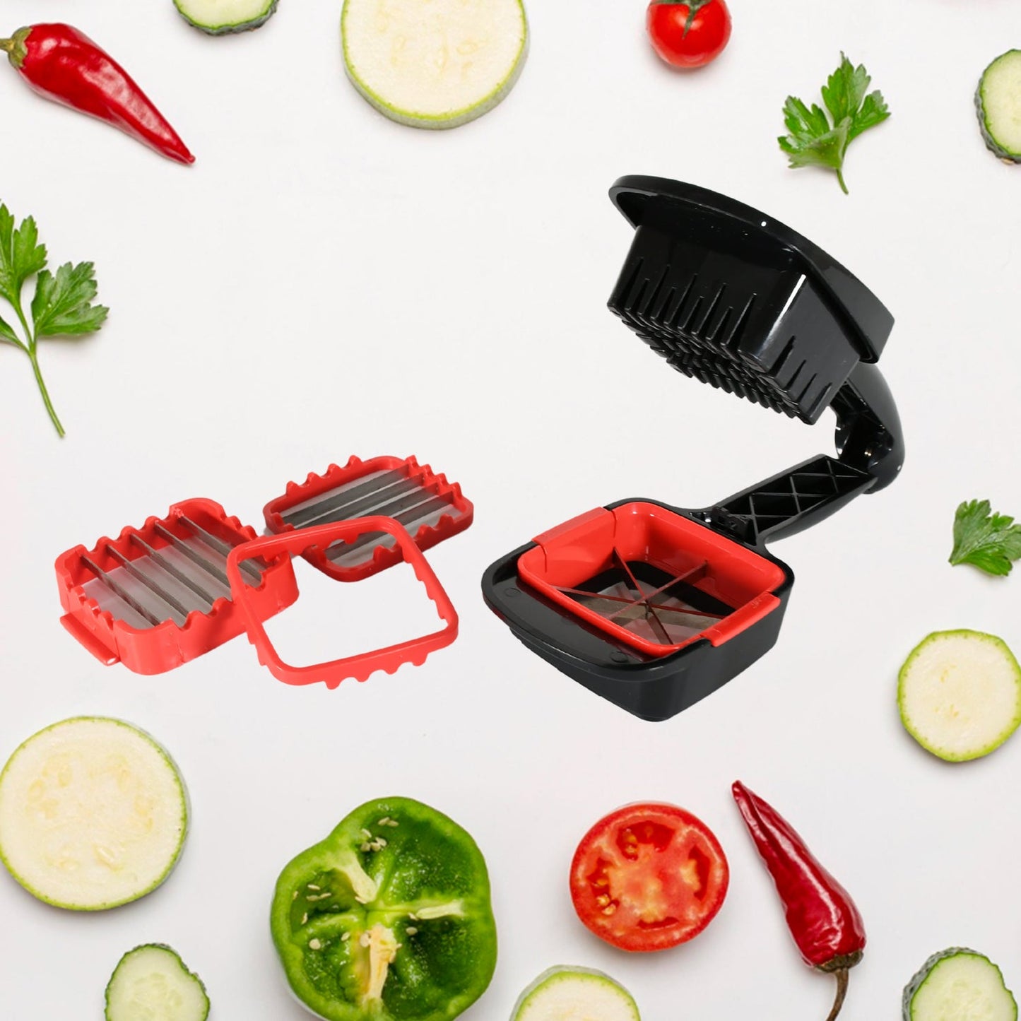 Multifunction Vegetable Cutter Manual Vegetable Quick Dicer Fruit Chopper Slicer with 3 Interchangeable Stainless Steel Blade Inserts, Non-Skid Base Slicer and Chopper