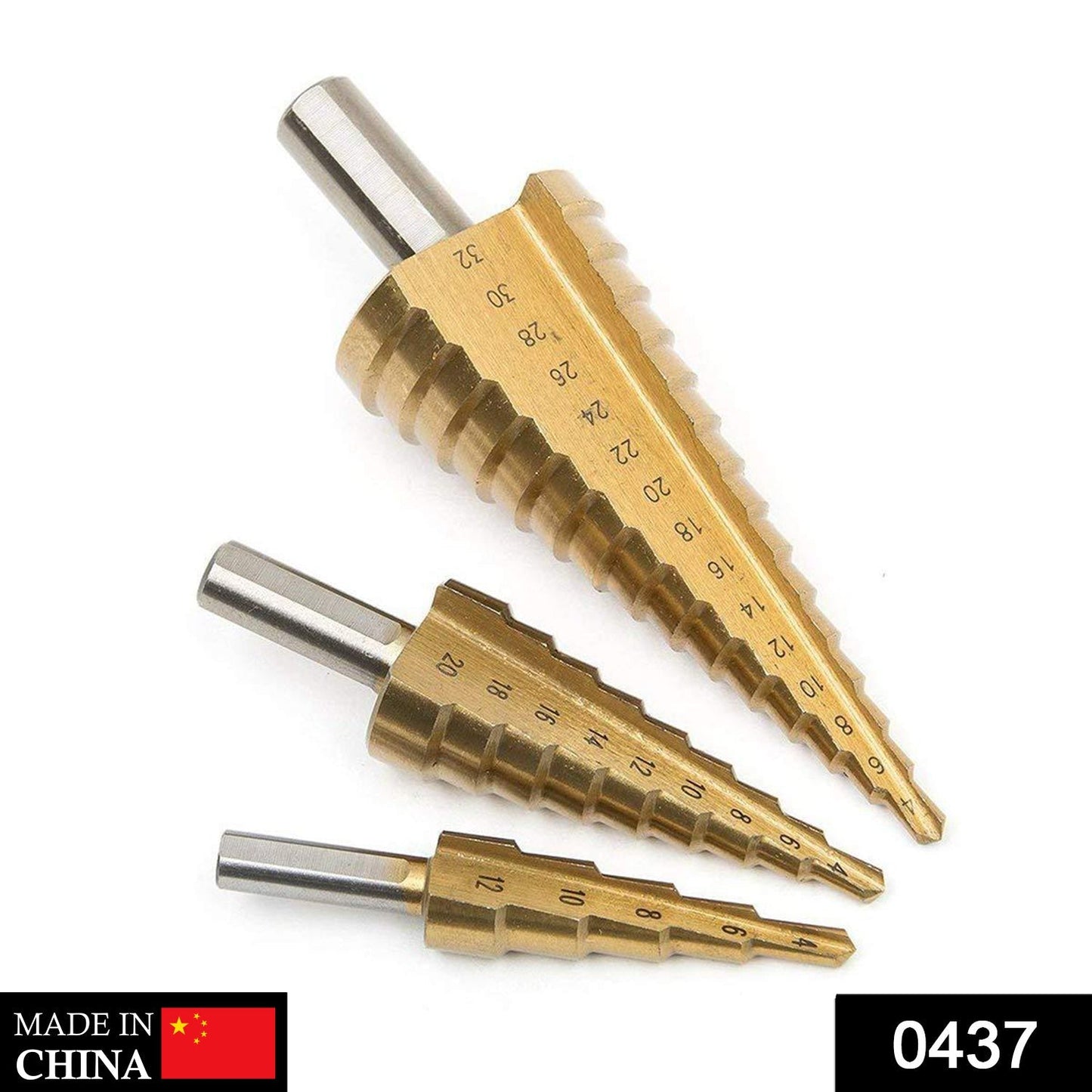 Titanium-coated step cone drill bits for various sizes.