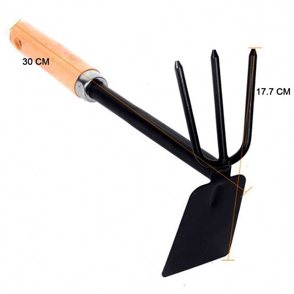 Wooden-handled double hoe tool for efficient gardening.