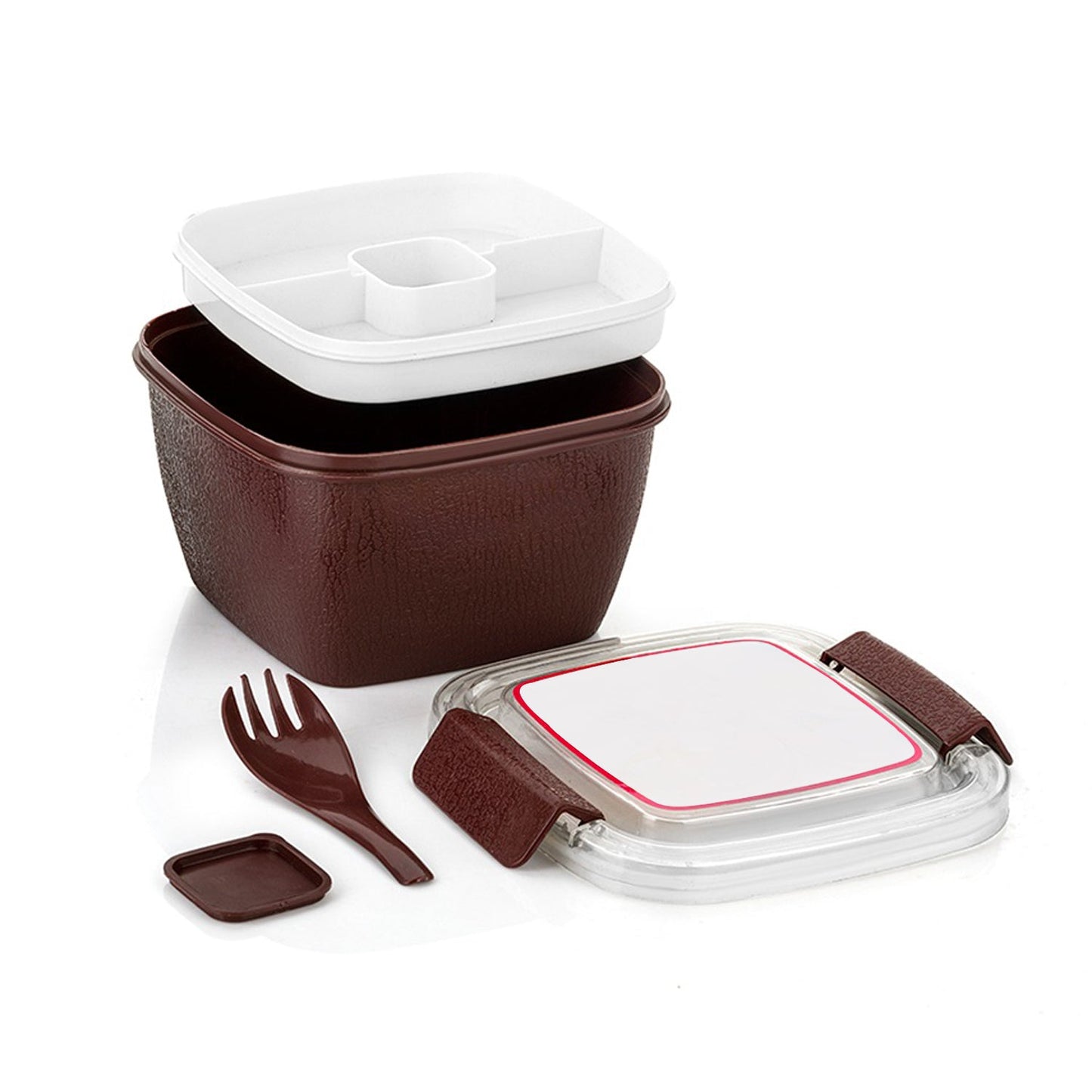 BPA-free plastic lunch box with spoon, reusable, freezer safe, for kids and adults.