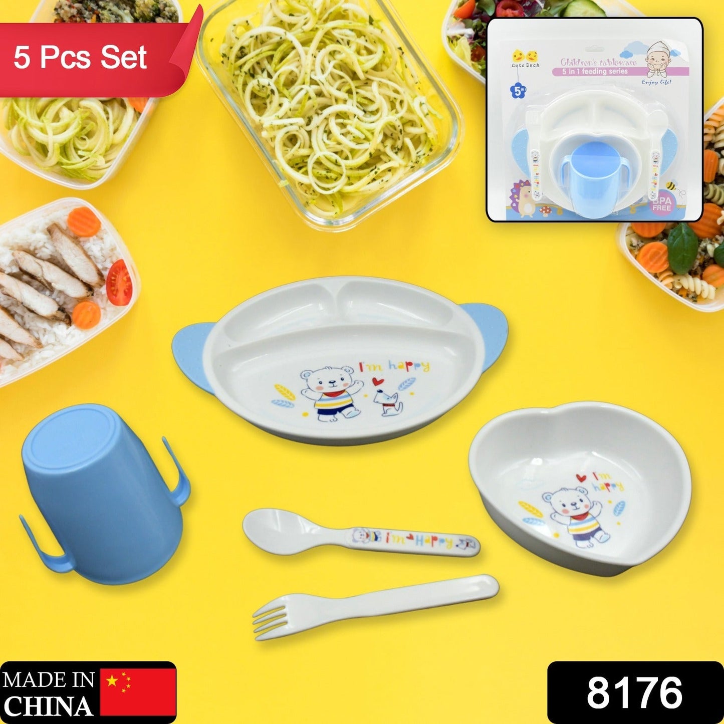 5in1 Baby Feeding Set for Kids and Toddlers,Children Children Dinnerware Set - Feeding Set for Kids, Cartoon Design Plate, Cup, Spoon, Fork  Tableware Cutlery for Kids Microwave & Dishwasher Safe (5 Pcs Set)