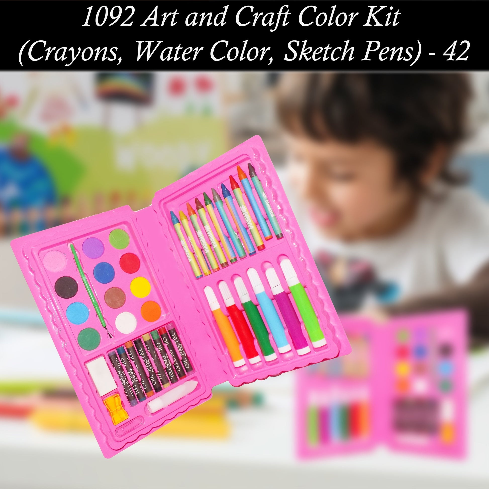 Art set with color pencils, crayons, and sketch pens