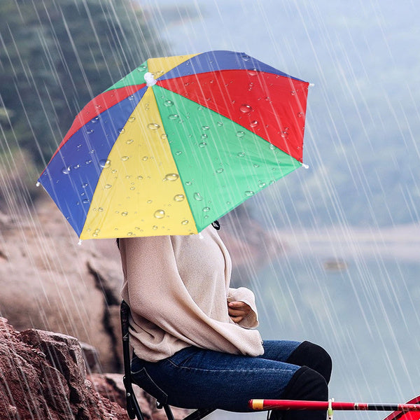 Hands free umbrella hat for sun and rain protection.