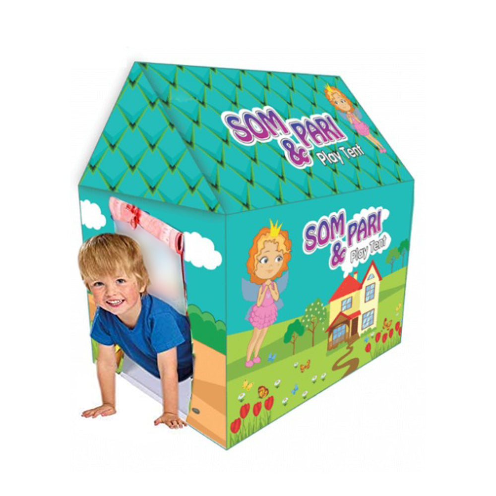 Brightly colored play tent house with multiple sections for play