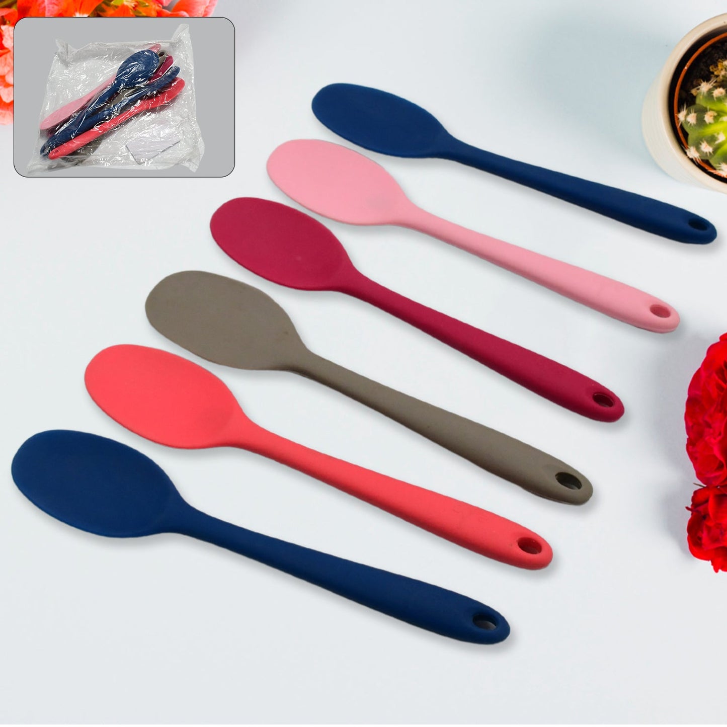 Multipurpose Silicone Spoon, Silicone Basting Spoon Non-Stick Kitchen Utensils Household Gadgets Heat-Resistant Non Stick Spoons Kitchen Cookware Items For Cooking and Baking (6 Pcs Set)